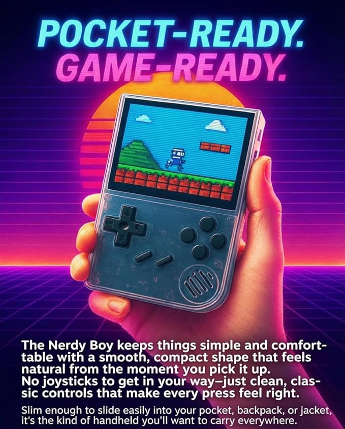 Nerdy Boy Retro Handheld Game Console – 3.5” IPS Screen, 64GB, Portable Emulator System with 12 Classic Platforms, 2000mAh Battery, AV Out – Retro Gaming Device (Atomic Purple)