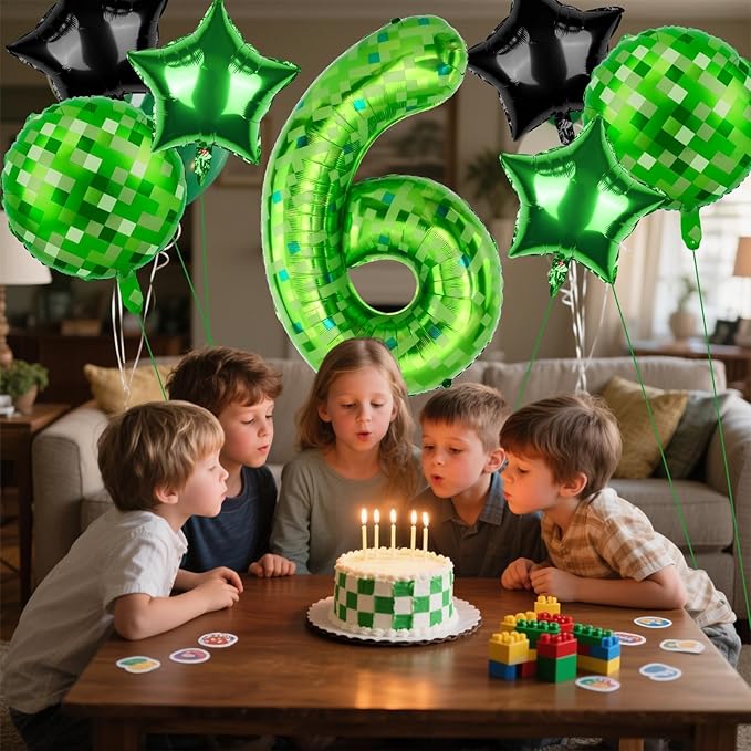 40 Inch Green Pixel Themed Number 6 Balloon Set Foil Balloon for Girls & Boys Birthday Party Decorations, Party Supplies & Favors (Number 6)