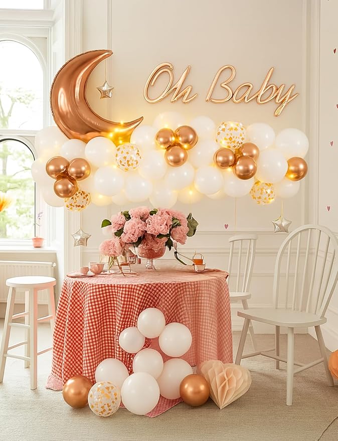 Rose Gold and White Balloons - Retirement Balloons with String Lights Moon and Star Balloon Rose Gold Party Decorations for Women Baby Shower Twinkle Twinkle Little Star Gender Reveal Party Supplies