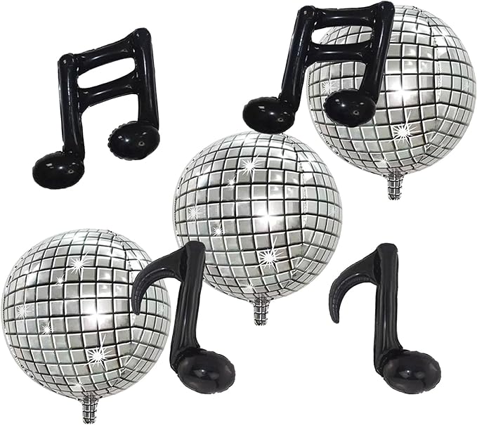 FBQ 18 Inch Silver Disco Balloon Black Music Note Balloons Music Themed 70s 80s 90s Band Party Decorations Supplies
