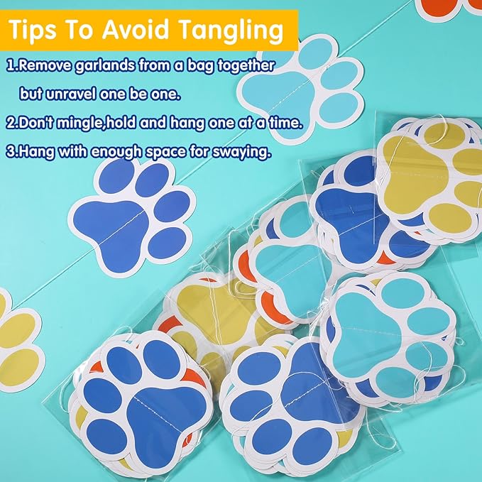 Duraaamo 8 Packs Dog Party Banner Decorations Blue Paw Print Paper Garland Dog Birthday Paper Hanging Cutouts Colorful Paw Banners for Lets Pawty Pet Birthday Party Supplies Decor(Light Paws)