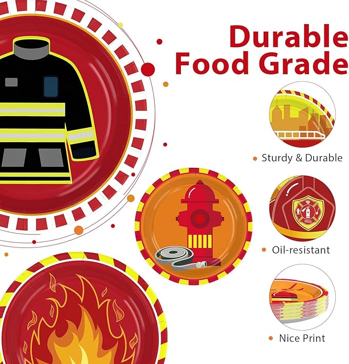 Grencian 60Pcs Firetruck Paper Plates 9" Large Disposable Heavy Duty Red Fire Truck Birthday Platter Firefighter Themed Dessert Plate for Kids Boys Birthday Fireman Fire Lunch Dinner Party Decoration