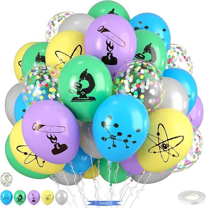 Science Party Balloons, 12 Inch Gray Light Yellow Green Purple Confetti Balloons for Boys Scientist Lab Birthday Party Baby Shower Classroom Decorations