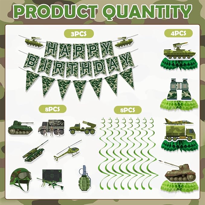 Army Birthday Party Decorations Include Happy Birthday Banners Camo Bunting Banners Hanging Swirls Honeycomb Centerpieces Military Birthday Theme Party Supplies