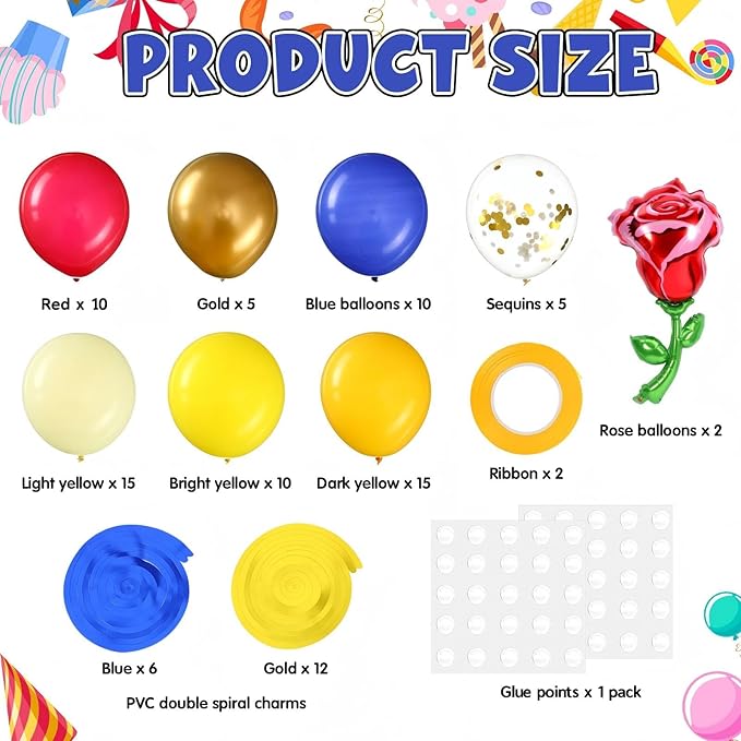 91 Pcs Yellow Blue Gold Birthday Party Decoration Balloons Set, Gold Confetti and Red Rose Foil Balloons, Hanging Swirls for Women Girls Wedding Engagement Birthday Princess Party Supplies