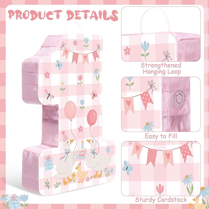 Pajean Silly Goose Piñata Funny Goose 1st Birthday Decorations Pink Gingham Duck Number One Piñata Set with Stick Blindfold for Baby Shower First Birthday Celebration Decor