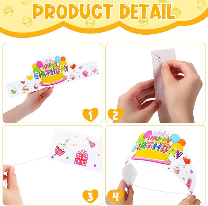 Yunsailing 108 Pcs Happy Birthday Party Supplies for Kids Include 36 Birthday Paper Crowns 36 Badge Stickers and Slap Bracelets for Classroom School Party Supply(Cute Style)