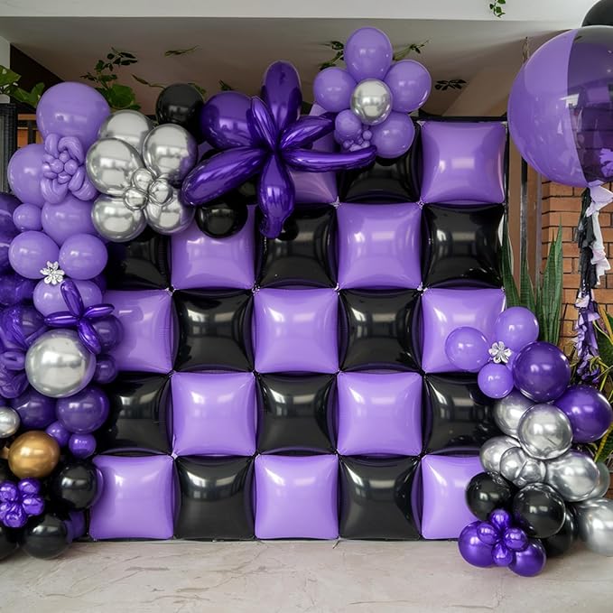 Black Purple Square Foil Balloon Wall,25Pcs Double Sided Foil Balloons Backdrop Helium Polyester Tunnel Arch Garland Kit for Birthday Bridal Anniversary Baby Shower Halloween Party Decorations