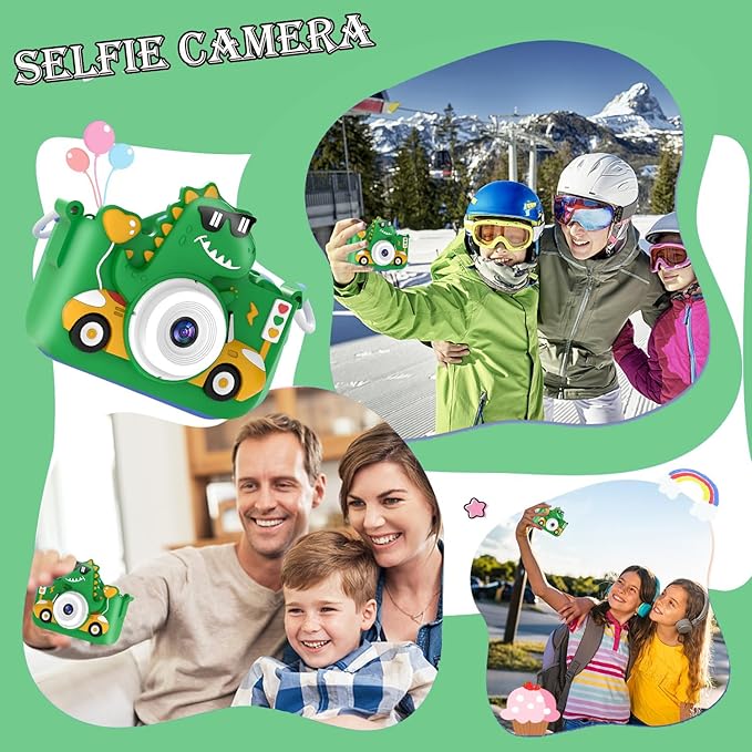 Kids Digital Camera, 1080P HD Video Camera for Toddlers with 32GB SD Card, Dinosaur Protective Case, Card Reader, Fun Selfie Toy Camera for Ages 3-12, Christmas/Birthday Gift for Boys & Girls (Green1)