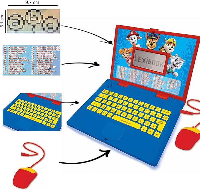 LEXiBOOK Paw Patrol - Educational and Bilingual Laptop Spanish/English - Toy for Child Kid (Boys & Girls) 124 Activities, Learn Play Games and Music with Chase Marshall - Red/Blue JC598PAi2