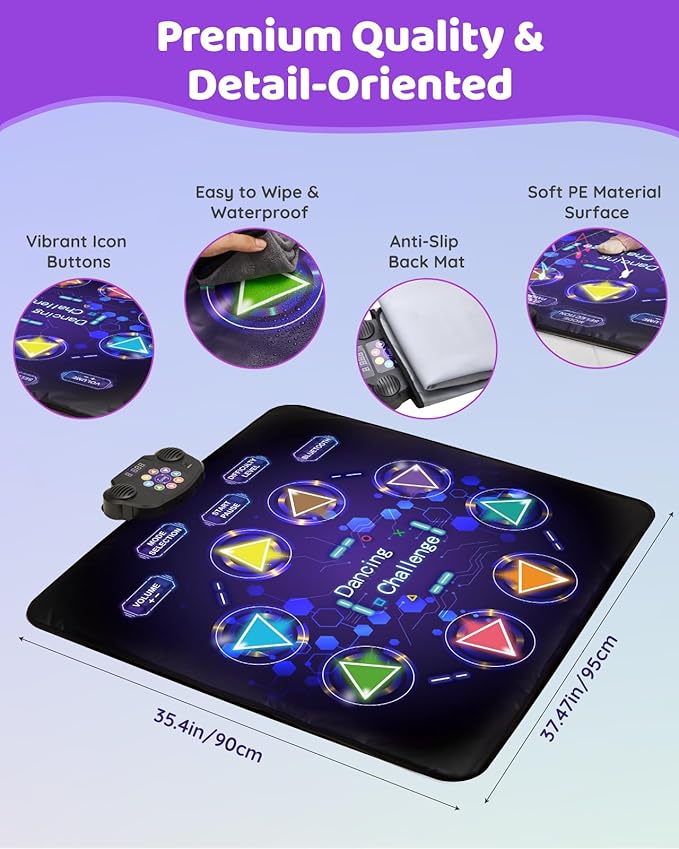 Dance Mat Toys for Kids: LED Light-Up 8-Button Dance Pad with Adjustable Volume, Rechargeable, Bluetooth Function, Built-in Music, 8 Modes & 3 Difficulty Levels, Xmas Gifts for Kids Ages 3-12