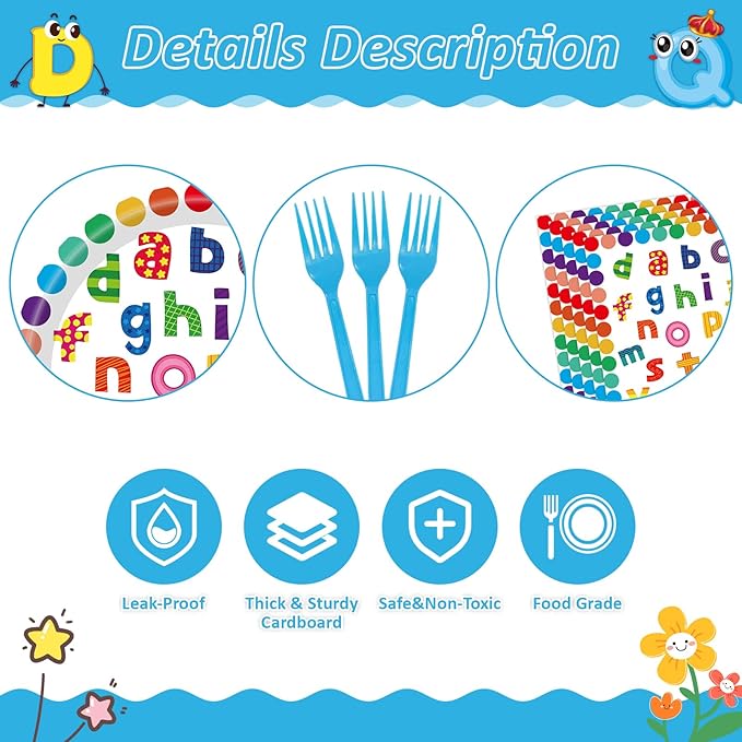 96 PCS Colorful Alphabet Party Decorations, Disposable ABC Letters Paper Plates Napkins Set School Classroom Educations Party Supplies for Kids Birthday Baby Shower Alphabet Games, Serves 24