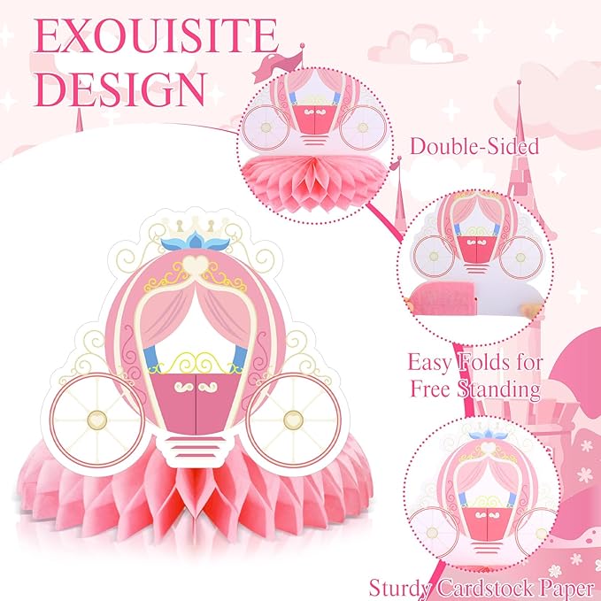 9 Pcs Princess Carriage Party Honeycomb Centerpieces 3D Cardboard Floral Princess Table Centerpieces Carriage Birthday Party Decorations Table Topper for Girls Birthday Baby Shower Party Supplies