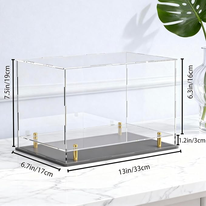 Acrylic Display Case for Collectibles, Dustproof Acrylic Box with Clear Display Elevation & Gold Risers, Large Display Case for Figures Toys Memorabilia, 13" L x 6.7" W x 7.5" H
