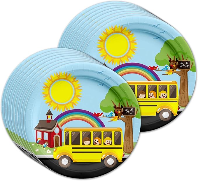 School Bus Birthday Party Supplies Set Plates Napkins Cups Tableware Kit for 16