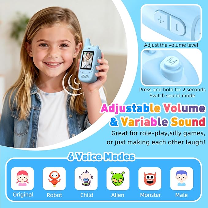 Video Walkie Talkies for Kids 2 Pack, Handheld Games for Kids, Intercom with Voice Changer, Long Range Outdoor Family Games, Camping, Hiking, Travel Toys Gifts for Boys and Girls Ages 3-12