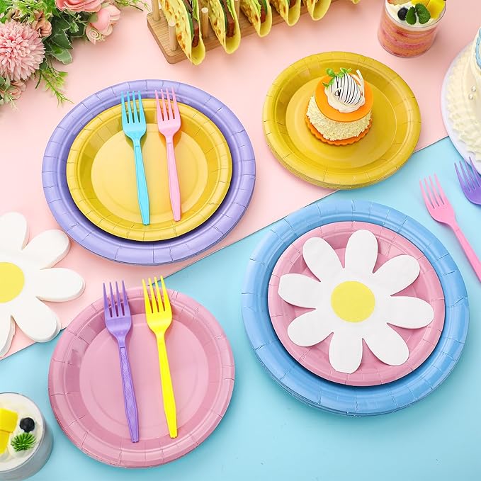 Zhehao Blue Dog Birthday Decoration Set Cartoon Animal Birthday Party Decoration Tableware Plates Daisy Napkins and Forks Blue Pink Cute Cartoon Theme Decorations, Party Decorations Supplies