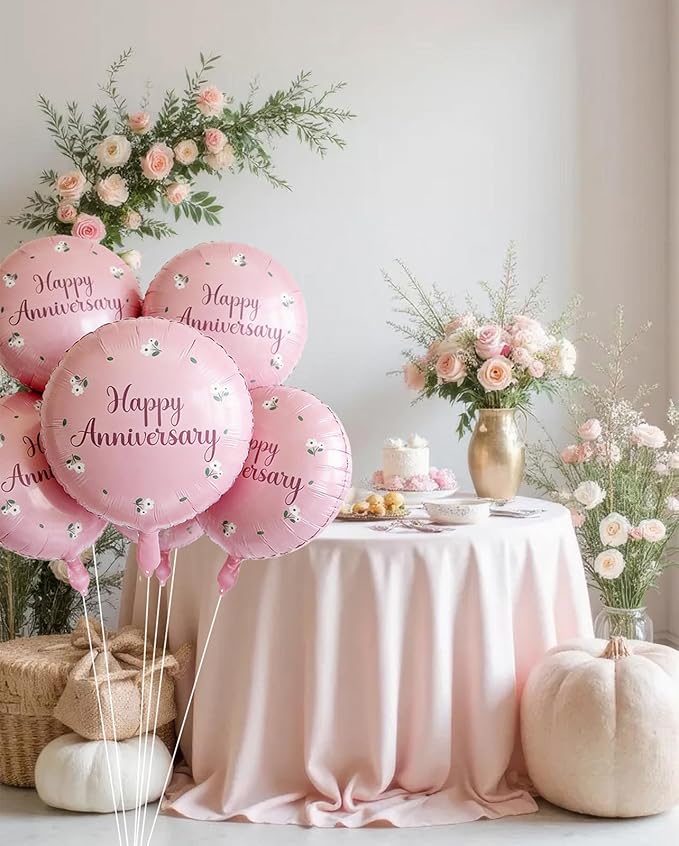 6 Pcs Happy Anniversary Balloons 18 Inch Round Foil Helium Balloon Birthday Engagement Wedding Celebration Anniversary Party Decorations Supplies Pink