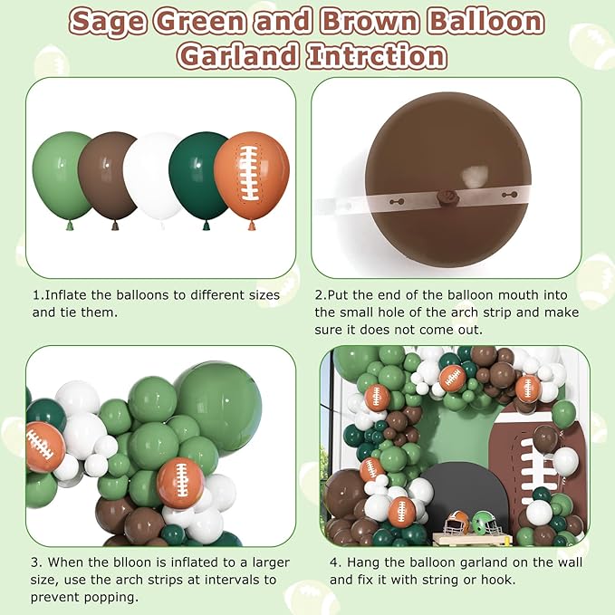 170Pcs Football Balloon Garland Arch Kit, Sage Green Brown Dark Green and White with Rugby Printed Balloons for Football First Year Baby Shower Birthday Sports Themed Party Decorations Supplies