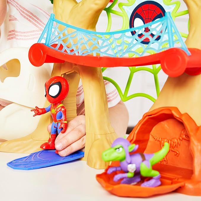 Marvel Spidey and His Amazing Friends Dino-Webs Treehouse Playset, Spider-Man & Goblin Raptor 4-Inch-Scale Action Figure Set, Ages 3 & Up