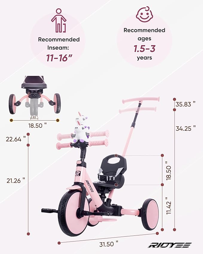 5-in-1 Kids Tricycle for Toddlers 1.5-3, Tool-Free Convertible Kids Push Trike to Balance Bike, Safety Belt, Removable Backrest and Footrest, Ride-On Toy for Boys & Girls, Pink