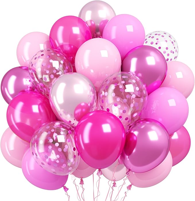 Hot Pink Balloons Set,Metallic Pink Balloon,12 Inch Chrome Magenta Dark Pink Confetti Balloon for Valentine's Day Birthday Baby Shower Wedding Princess Party Decoration