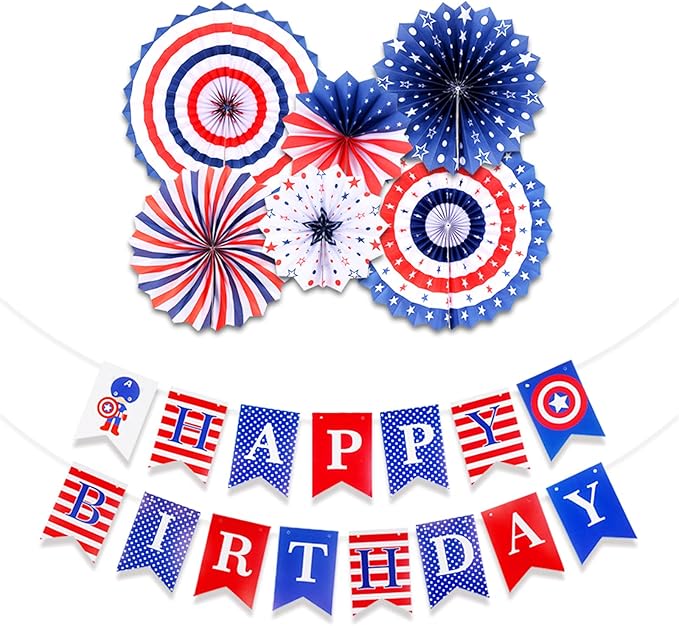 Zwiebeco Red Blue White Happy Birthday Party Decorations Banner Bunting Garland Hanging Paper Fan Kit for Boys Kids Captain America Spiderman Superhero Theme Accessories Supplies