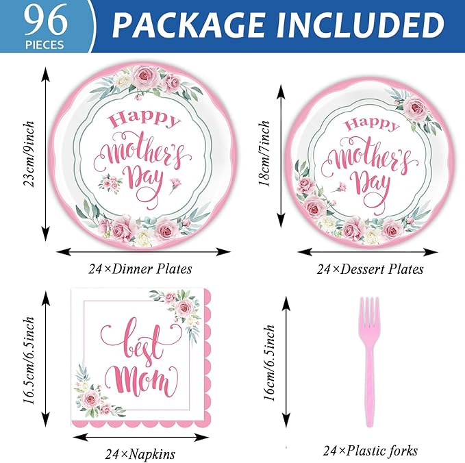 Happy Mother's Day Party Supplies Disposable Paper Plates Napkins Forks Tablecloth for Mother's Day Party Family Dinner Table Decorations Mom's Day Party Table Cover Tableware Set Serve 24