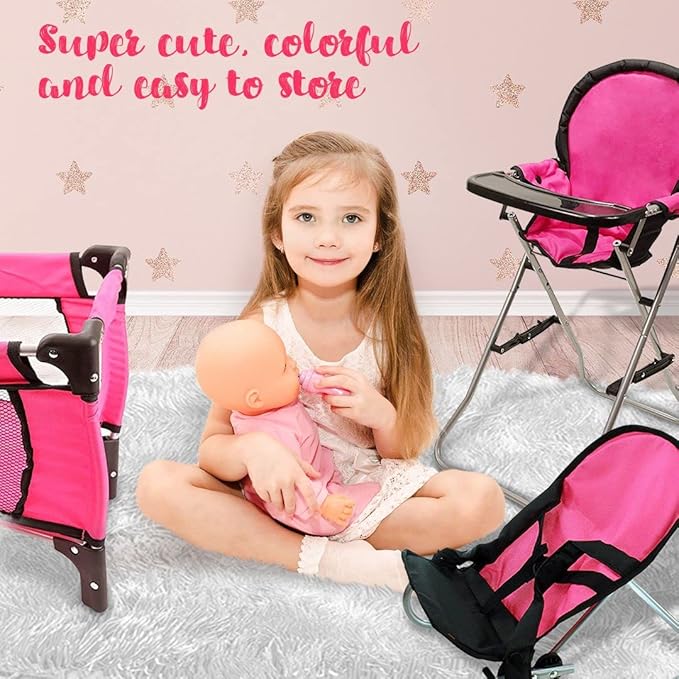Pink Baby Doll Accessories Set - 3 In 1 Baby Doll Furniture Set with Baby Doll High Chair, Baby Doll Crib, Baby Doll Bouncer Seat, Baby Doll Bed Set for 18” Doll - Play Baby Doll Toys for 18" Dolls