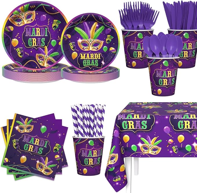 193pcs Mardi Gras Party Decorations Mardi Gras Plates and Napkins, Cup, Tablecloth, Tableware, Masquerade Mask Party Decorations Supplies Serve 24 Guests