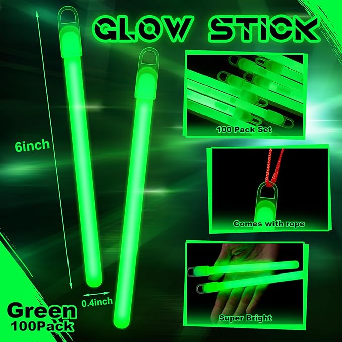 Lewtemi 100 Pack 4" or 6" Bright Glow Sticks Bulk, Glow in the Dark Party Supplies Birthday and Holidays (6 Inch,Green)