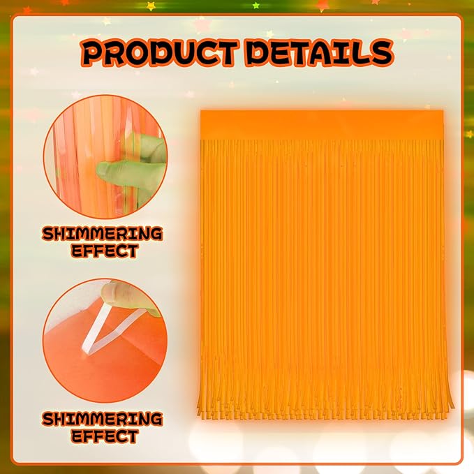 2 Pack Glow in The Dark Curtains Party Supplies 6.6 x 3.3 Ft Glow Tinsel Foil Fringe Curtains Orange Photo Booth Prop Backdrop Streamer for Birthday Holiday Neon Party Decorations