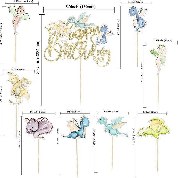 Ephlyn 37Pcs Dragon Party Cupcake Toppers Dragon Birthday Party Cake Topper Decorations Fantasy Dragon Cake Decorations for Flying Dragon Baby Shower Supplies