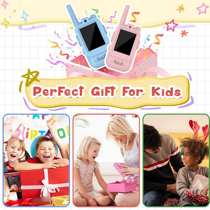 Video Walkie Talkies for Kids 2 PCS, Long Range Kids Walkie Talkies, Rechargeable Video Call Toys for Indoor Camping Hiking Travel, Christmas Birthday Boys Girls Age 3-5 (Blue/Pink)