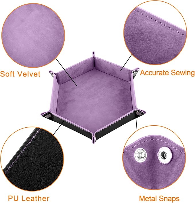 SIQUK 2 Pieces Dice Tray PU Leather Dice Trays Portable Folding Hexagon Dice Roller Tray for Dice Games Like RPG, DND and Other Table Games (Lilac, Black)