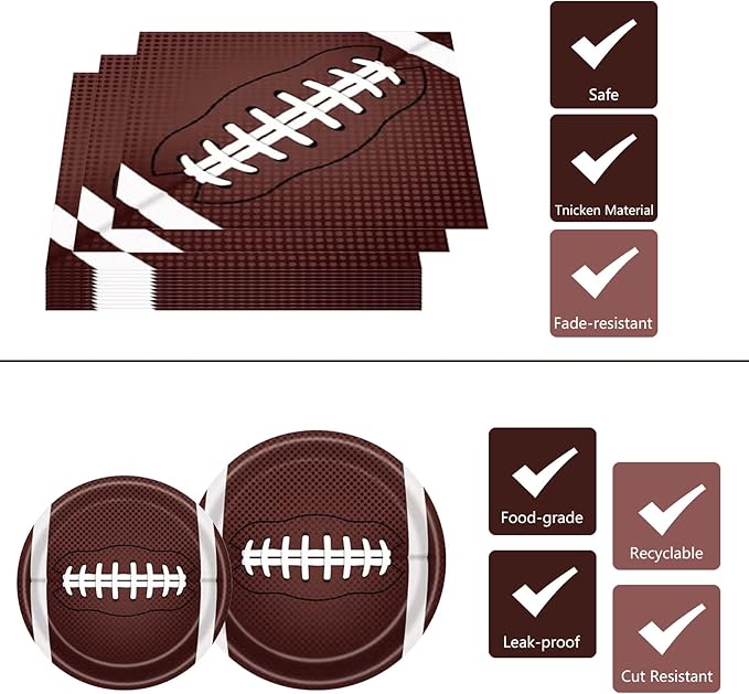 144Pcs Football Party Supplies Football Plates and Napkins Tableware Set Include Paper Plates Napkins Cups Forks for Rugby Game Touchdown Tailgate Party Decorations Serve 24 Guests