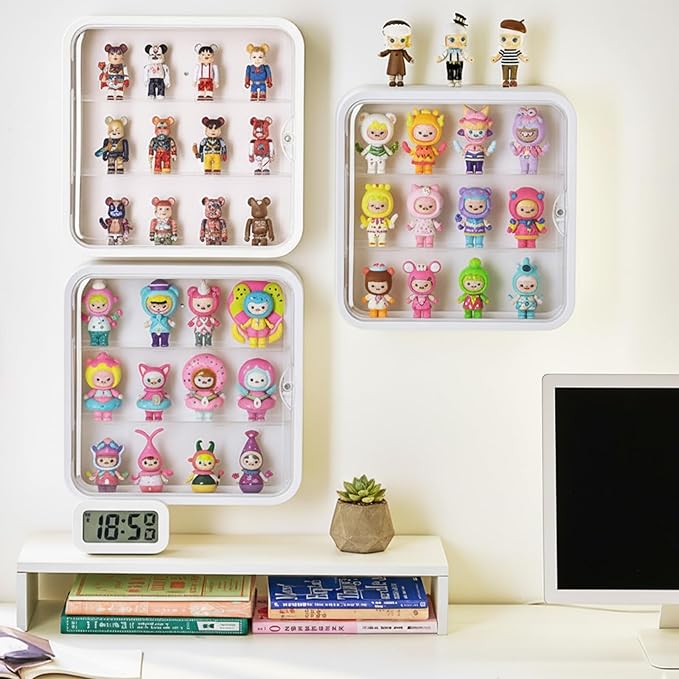 Display case for Figures with Light, Adjustable Acrylic Display Figures, Wall-Mounted Clear Display Box with Door Dust and Moisture Proof for Lego Collectibles Figures and Pop Mart