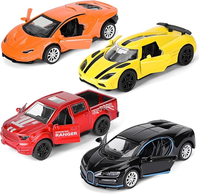 4 Pack Toy Cars,1/36 Metal Diecast Cars Toy with Opening Doors Kid Pull Back Cars Toys Set,Boy Toy Car for Age 3 4 5 6 7 8 9 10 11 12