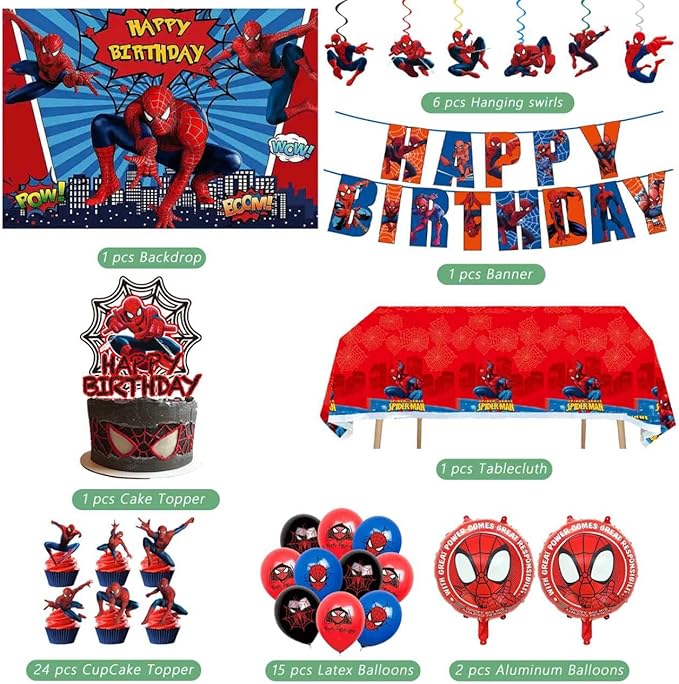 51PCS spidey birthday party supplies, backdrop, "Happy Birthday" banner,tablecloth, large aluminum balloon, small aluminum balloons, latex balloons, cake topper,cupcake toppers, hanging swirls
