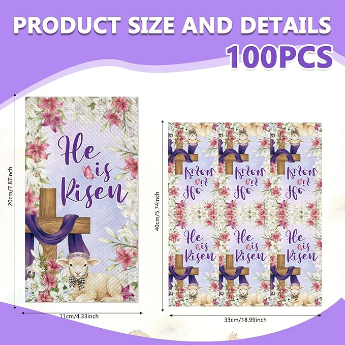 100Pcs Christian He Is Risen Easter Napkins - Easter Lamb Flowers Cross Party Napkins Spring Floral Theme Party Supplies Disposable Luncheon Dinner Napkins 7.8" x4.3" for Tea Party Kitchen Bathroom