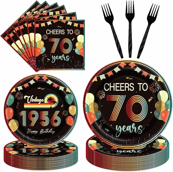 96Pcs Vintage 70th Birthday Decorations Tableware Set Back in 1956 Paper Plates Napkins Forks Cheers to 70 Years Disposable Tableware Decor for Women Men 70th Birthday Party Favor Serve 24 Guests