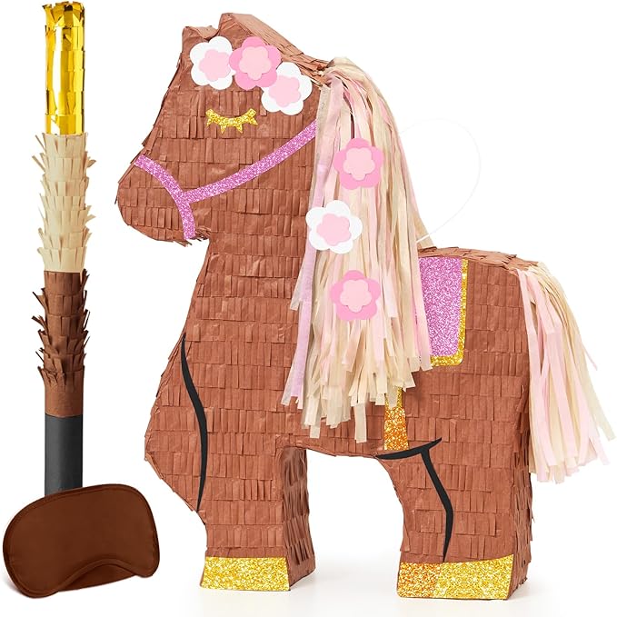 WERNNSAI Horse Piñata - Cowgirl Birthday Party Decorations Pink Brown Horse Piñata with Blindfold and Bat Western Cowgirl Party Favors for Kids Boys Classroom Activities Game