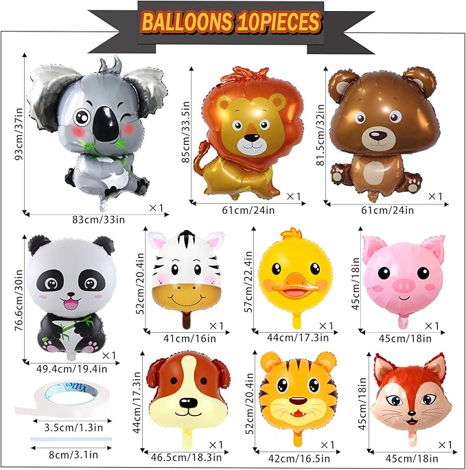 10 Pcs Safari Animal Balloons for Jungle Birthday Party Decorations - Giant Elephant, Lion, Monkey, Panda, Zebra Foil Balloons for Boys Wild One Baby Shower Zoo Party