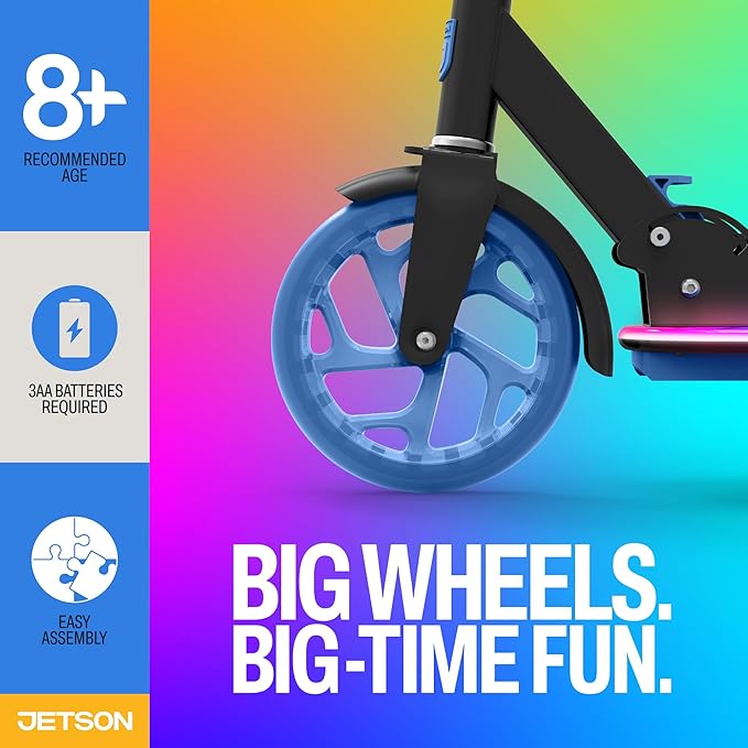 Jetson Jupiter Kids 2-Wheel Light-Up Kick Scooter, LED Lights on Handlebar, Stem, Wheels & Deck, Adjustable Handlebar, Rear Brake, Easy-Folding Mechanism, Ages 5+