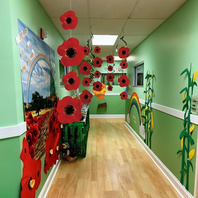 Preboun 20 Pcs Wizard Party Hanging Red Poppy Flowers Decorations, Artificial Poppy Flowers Banner Ceiling Decor for Classroom Wizard Birthday Shower Party Favor Supplies(Red,Flower)