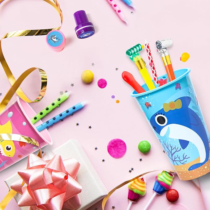 Lidmada Shark Party Favors Goodie Cups with Lids, 24 Pack Birthday Party Cups in 4 Colors, 16OZ Plastic Ocean Shark Themed Reusable Party Supplies Decorations Cups for Baby Kids Christmas Winter Gifts