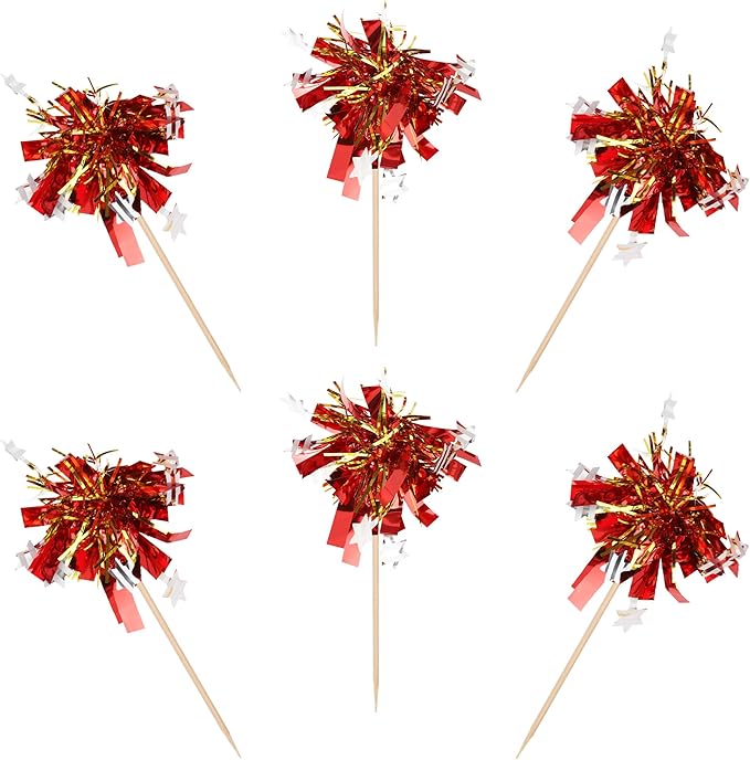 30 PCS Foil Firework Cupcake Toppers Happy Birthday Star Cupcake Picks Sparkle Tinsel Drink Stirrers Cocktail Fruit Toothpicks for Valentine's Day Wedding Birthday Party Decorations Supplies Red Gold