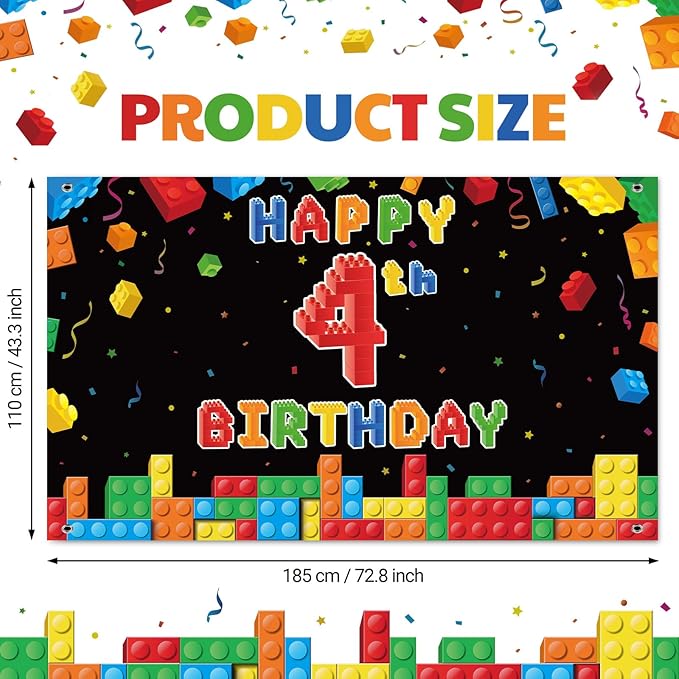 Panelee Building Block Birthday Banner Building Blocks Party Backdrop Decoration Happy Birthday Banner Photography Background for Party, 72.8 x 43.3 Inch (Black,4th)