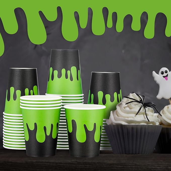 50 Pcs Ghost Themed Disposable Paper Cups 9 oz Green and Black Paper Cups for Juice Hot Cold Beverage Drinking Kids Boys Girls Birthday Party Supplies Halloween Ghost Theme Decor