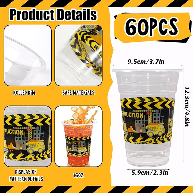 60 Pieces 16oz Construction Birthday Party Supplies, Disposable Plastic Cups for Boys Themed Decorations